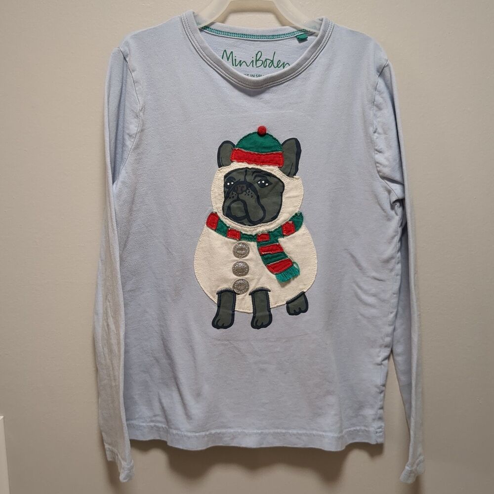 Mini Boden Light Blue Cotton Long Sleeve Pug Snowman Christmas Shirt - Boys 8-9Y
